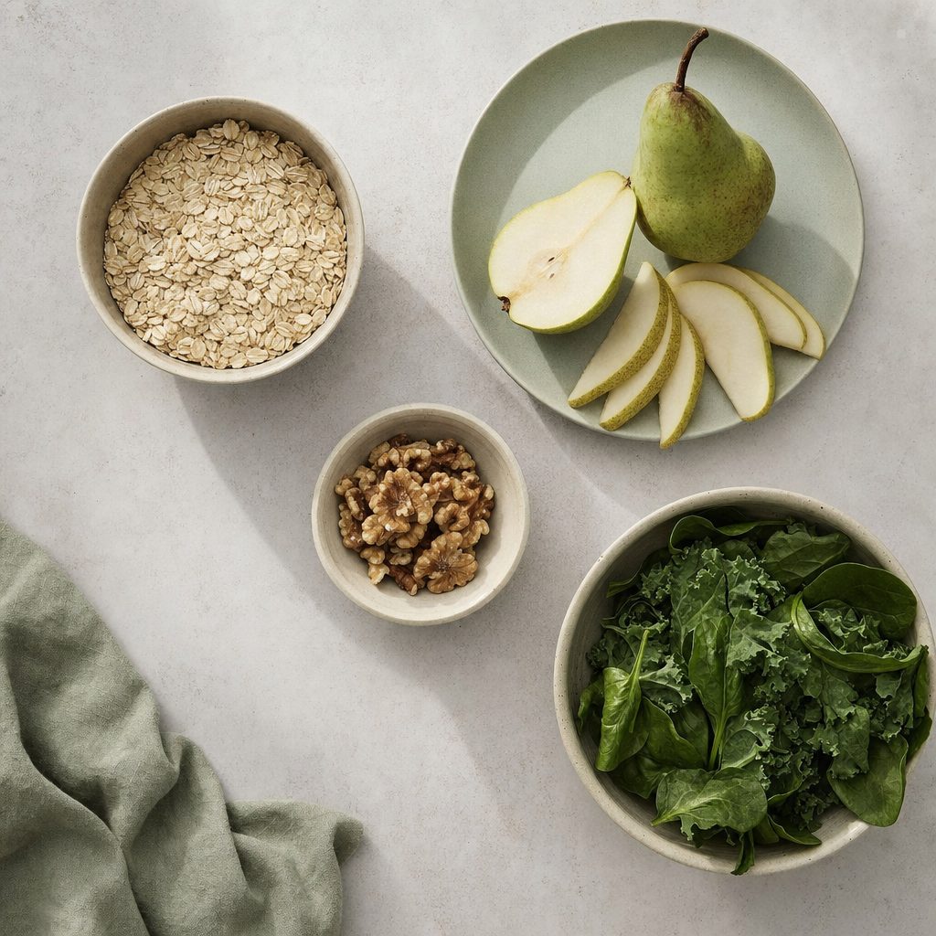 Hands arranging simple whole foods on a ceramic plate in morning light
